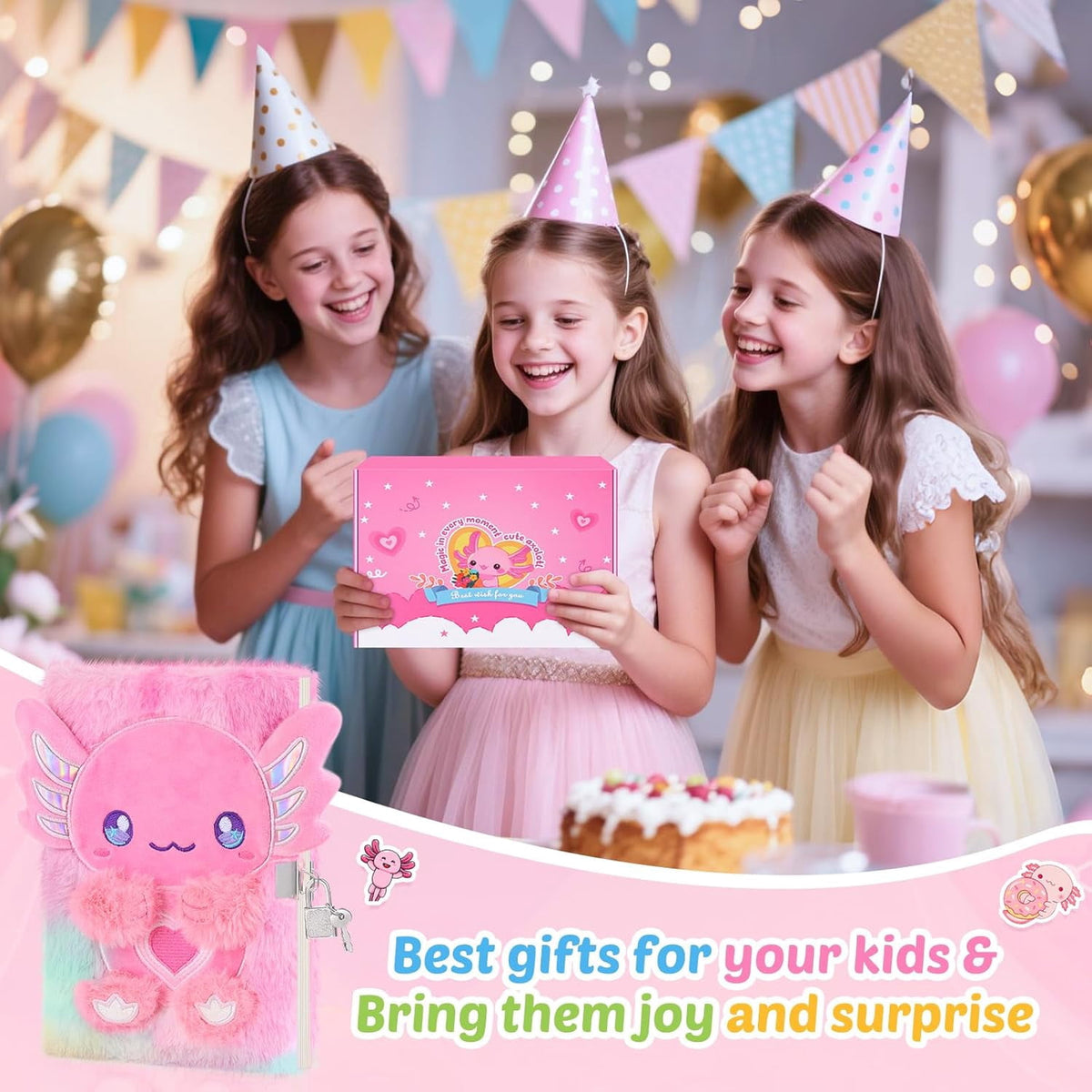 homicozy Axolotl Diary with Lock, Gift for 6 7 8 Year Old Girl, Secret Diary Journal Tie-Dye Fuzzy Notebook with 160 Pages,Cute Stationery Axolotl Gift for Girls